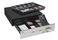 ADV-114A12310-04 MMF, ADVANTAGE, CASH DRAWER, 3 SLOTS, PAINTED FRONT 17.4 X 18.7, 5/5 TRAY W STEEL BILL WEIGHTS, PRINTER DRIVEN, STAND SECURITY, KEYED RANDOM, NO BELL, BLACK, CABLE NOT INCLUDED